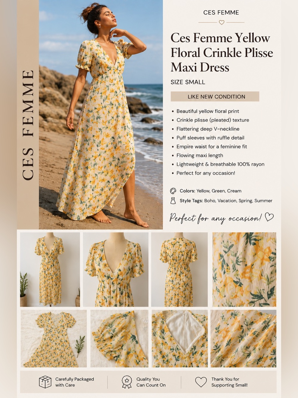 Ces Femme Yellow Floral Crinkle Plisse Maxi Dress Size Small 100% Rayon